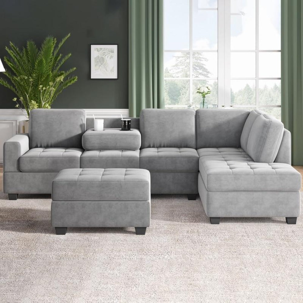 Modern L-Shaped Convertible Fabric Sectional Sofa With Ottoman And