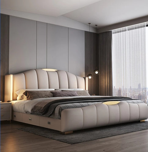 Golden Accent Modern Luxury Bed With Leather Upholstery / Lixra