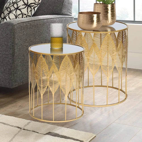 Golden Leaf Duo Mirrored Side Table Set / Lixra