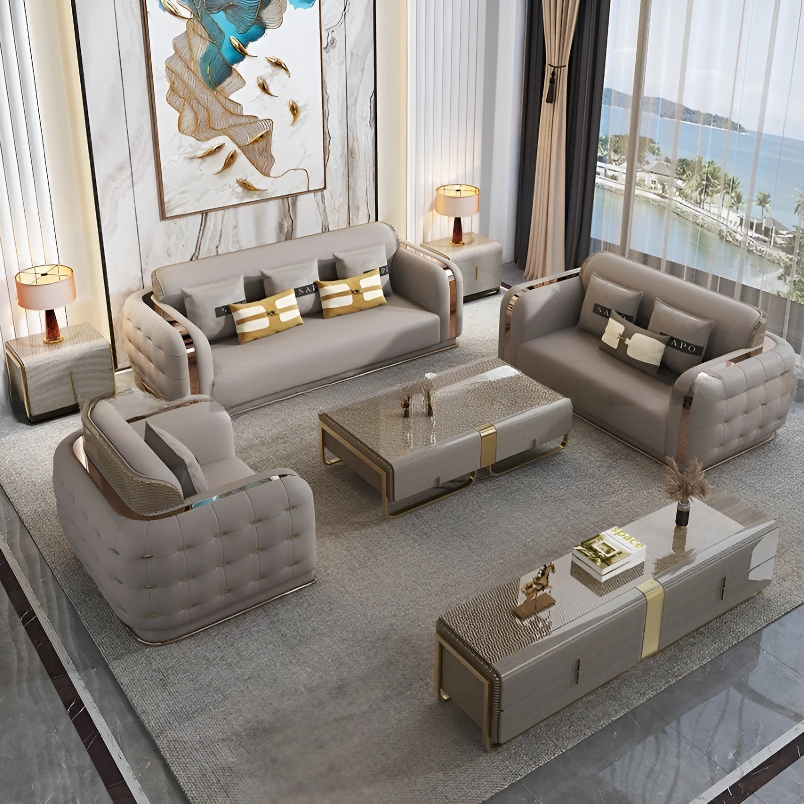 Luxury Fusion of Tufted Design 3-2-1 Leather Sofa Set