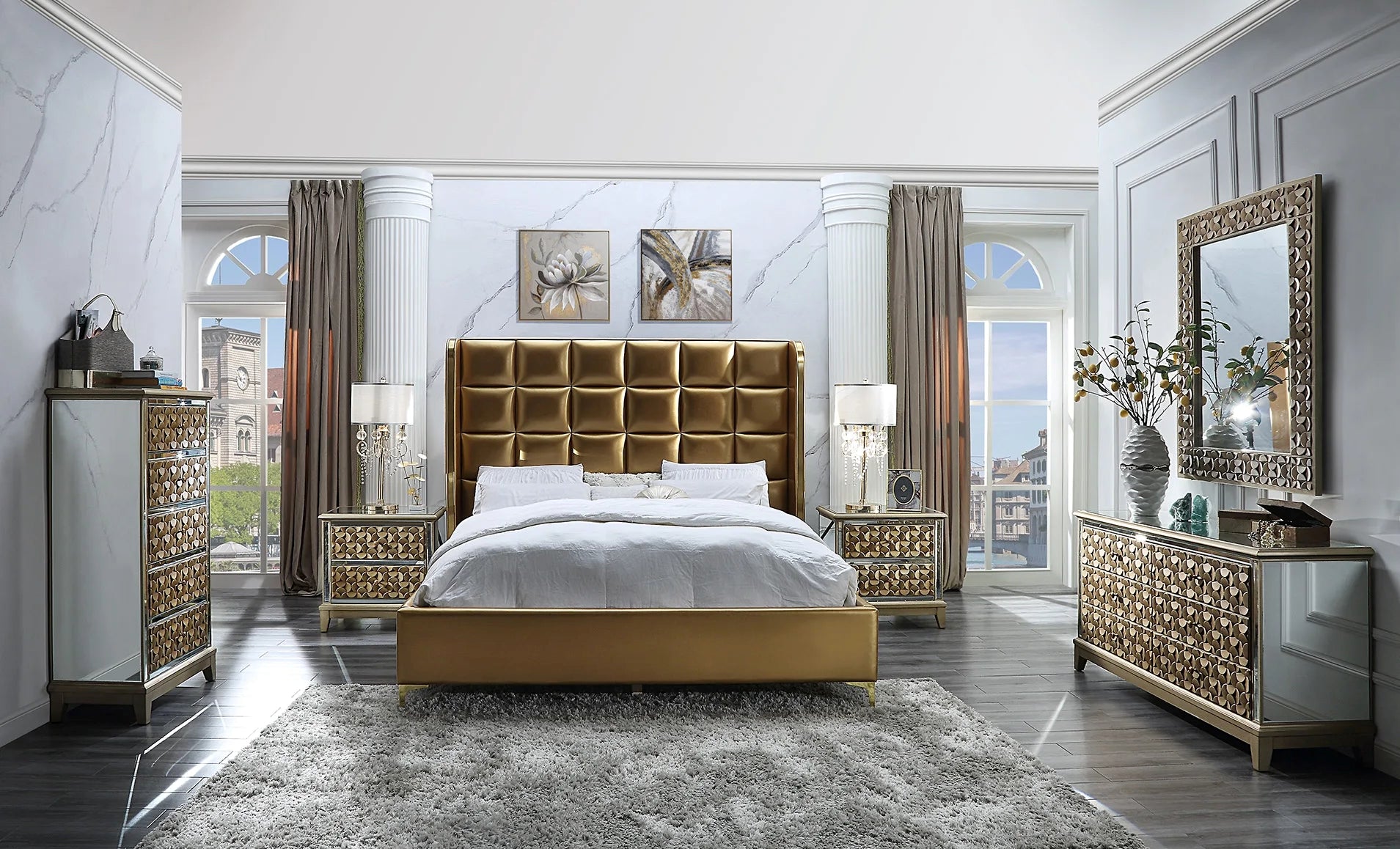 Luxurious Golden Accents And Floral Design Bedroom Set - Lixra.com