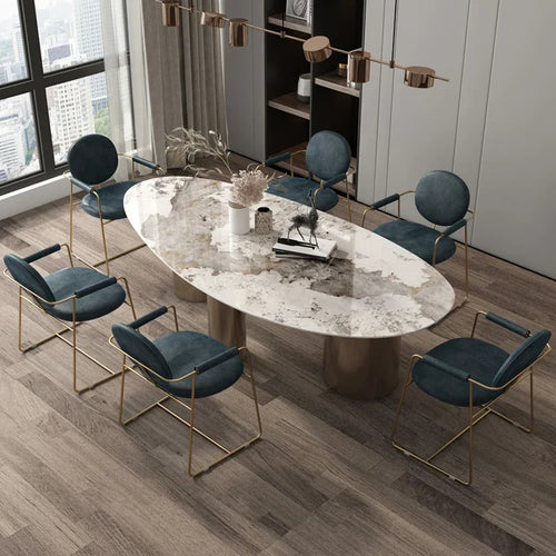 Geometrical Oval Shaped Marble Top Dining Table Set / Lixra