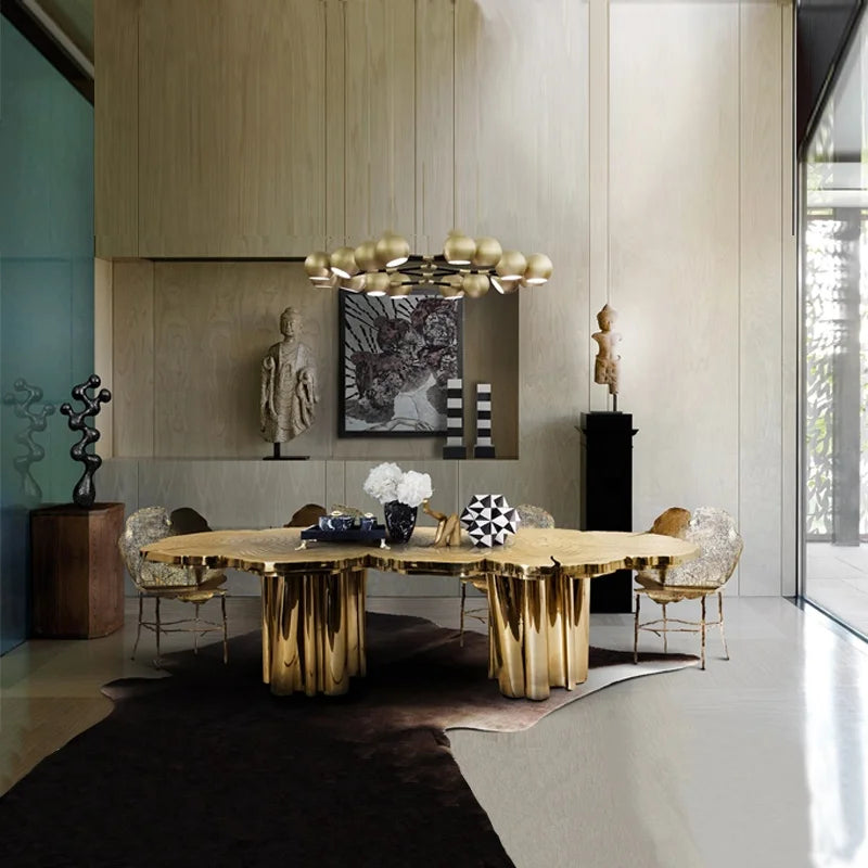 Metallic Golden Dining Table with Wood Design
