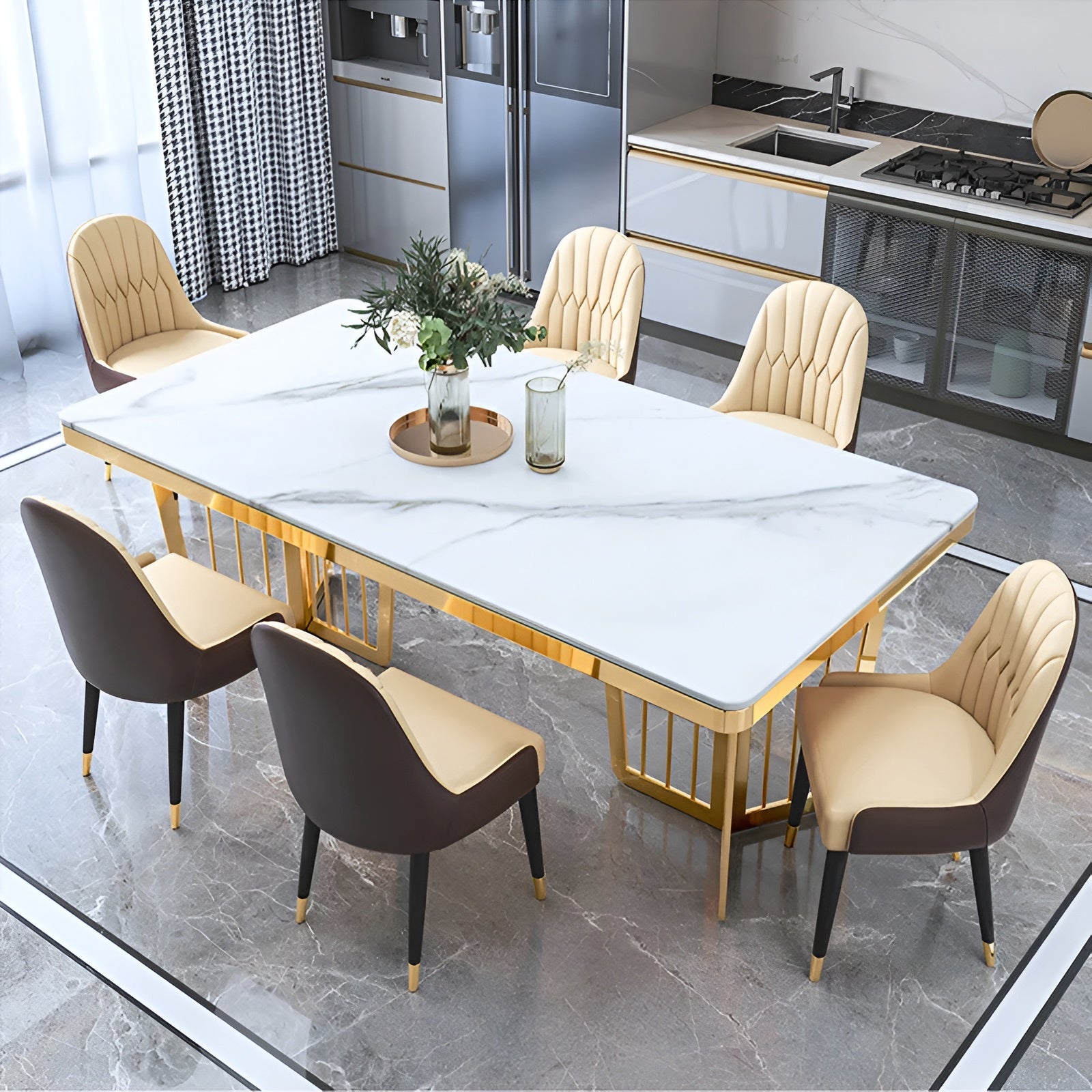 Rectangular Polished Marble Dining Table Set