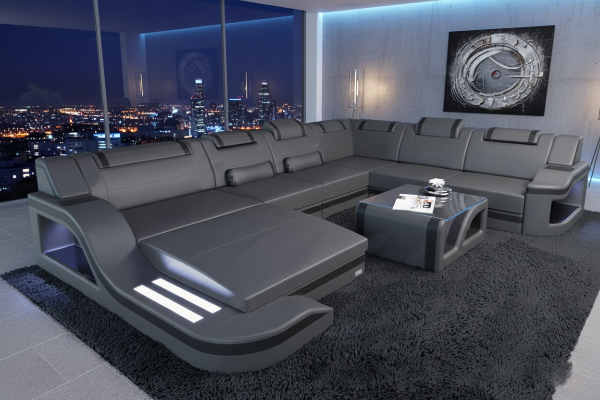 Illuminated Elegance U-Shaped Leather Sectional Sofa with LED Lights / Lixra