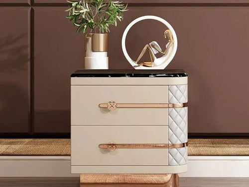 Elegant Fusion White Leather Nightstands With Black Marble Top / Lixra