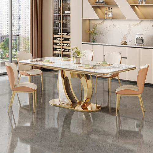 Abstract Gold Accented Modern Designed Marble Dining Table Set / Lixra