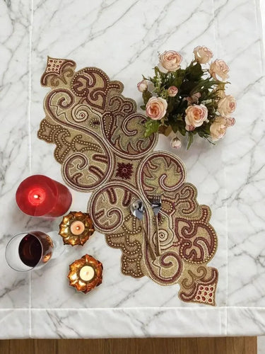 Luxurious Ornate Design Beaded Table Runner in Gold And Red / Lixra