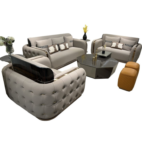 Post Modern Luxurious Leather Upholstered Wooden Sofa Set With Ottoman / Lixra