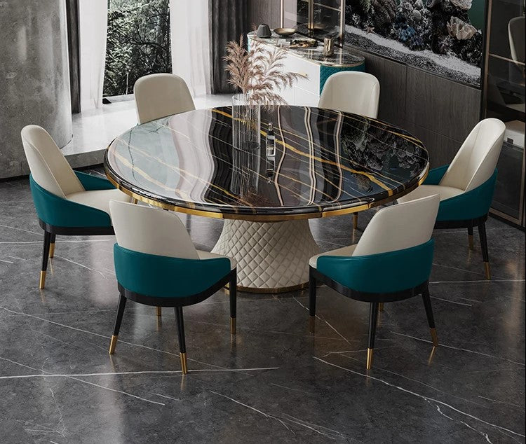 Black Marble Round Dining Table with Luxurious Golden Frame And Chairs / Lixra