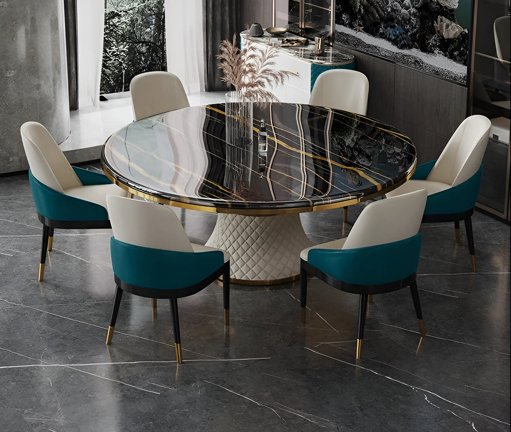 Black Marble Round Dining Table Set / Lixra