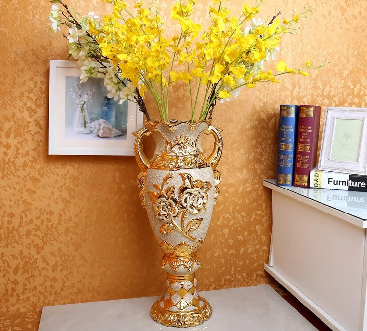 European Golden Accents Porcelain Flower Floor Vase / Lixra