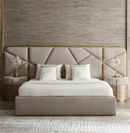 Modern Fabric Upholstered Bed with Gold Accents / Lixra