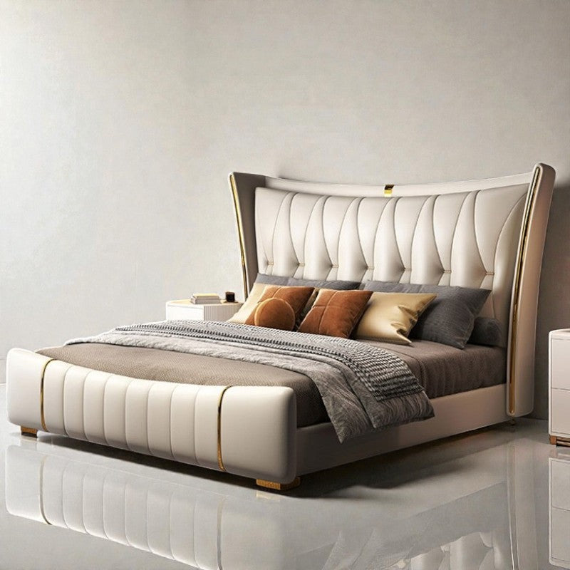 Contemporary Spacious Gold Plated Leather Bed / Lixra