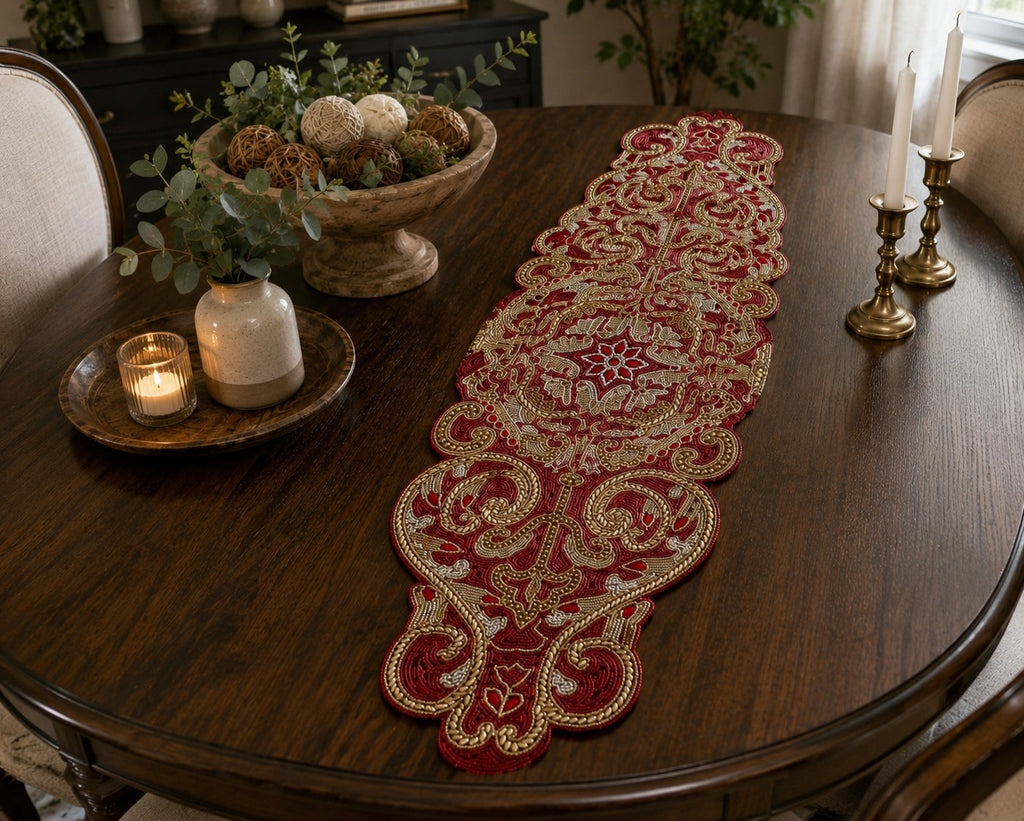 Red Gold Embroidered Table Runner / lixra