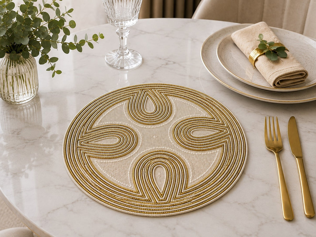 Gold & Ivory Paisley Beaded Placemat Set Of 2 / Lixra