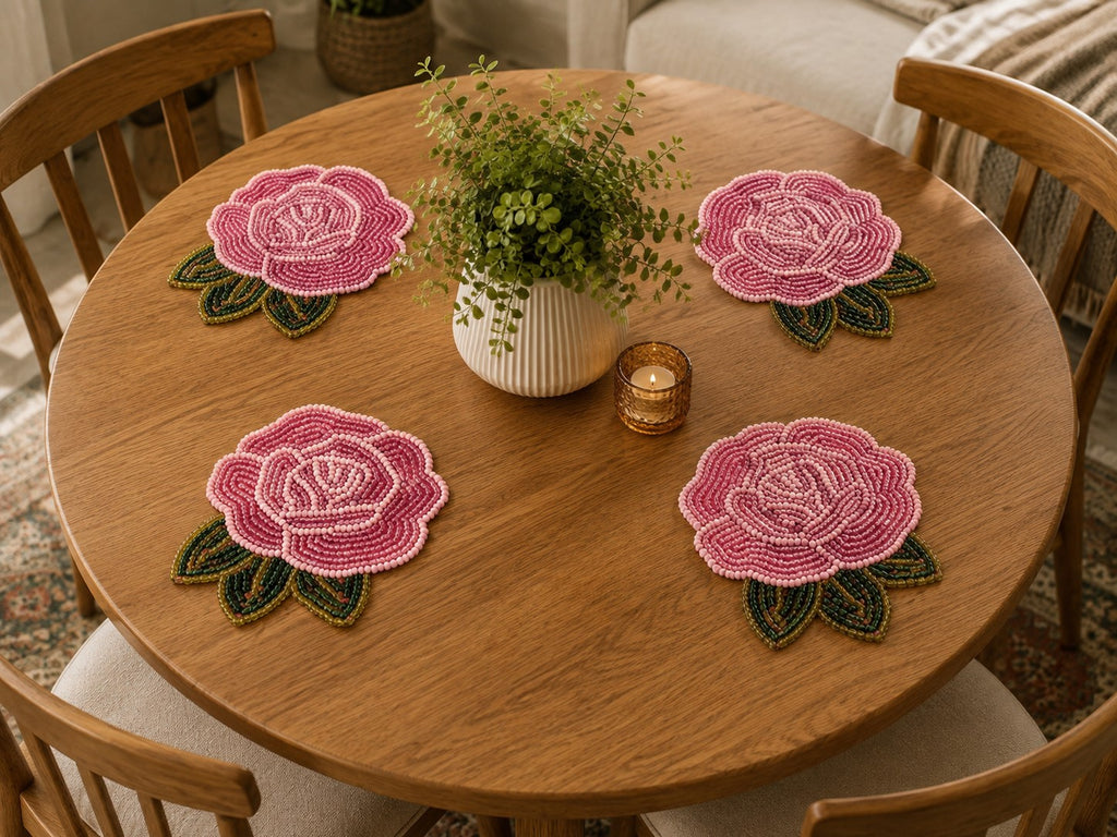 Handcrafted Pink Rose Beaded Placemat Set Of 2 / Lixra