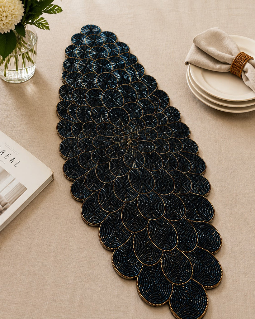 Black Beaded Table Runner with Gold Floral Design / Lixra