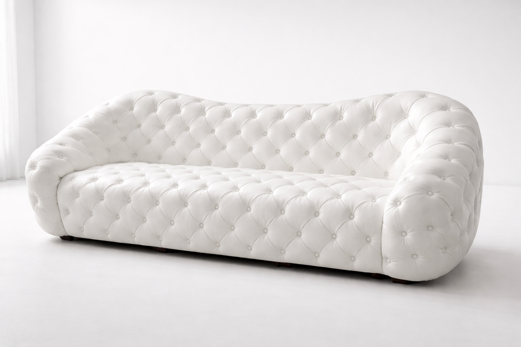White Leather Tufted 3-Seater Sofa / Lixra