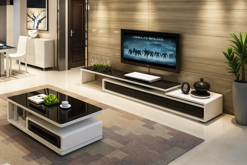 Contemporary Designed Rustic Built Glass Top Coffee Table and TV Stand  / Lixra