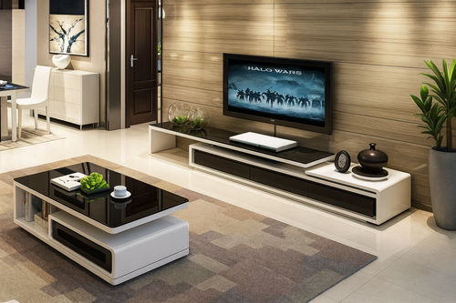 Contemporary Designed Rustic Built Glass Top Coffee Table and TV Stand  / Lixra