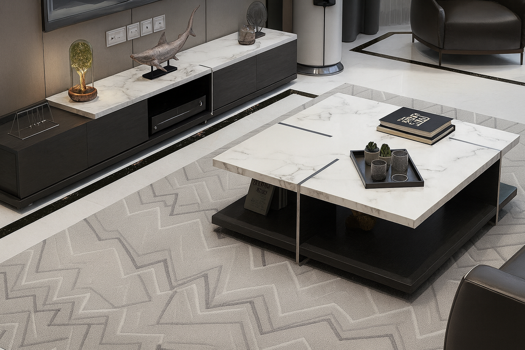 Rarified Esthetic Rustic Hand-Hewn Marble Look Top Coffee Table & TV Stand / Lixra