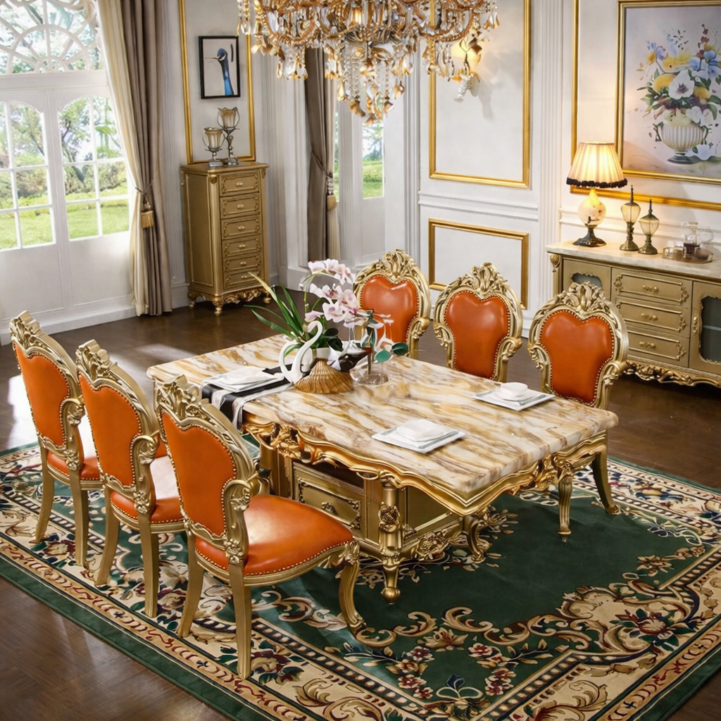 European Rectangle Marble Royal Dining Table Set / Lixra