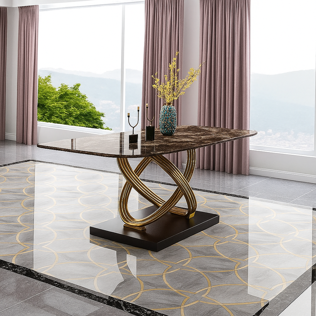 Glossy Rectangular Marble-Top Dining Table / Lixra