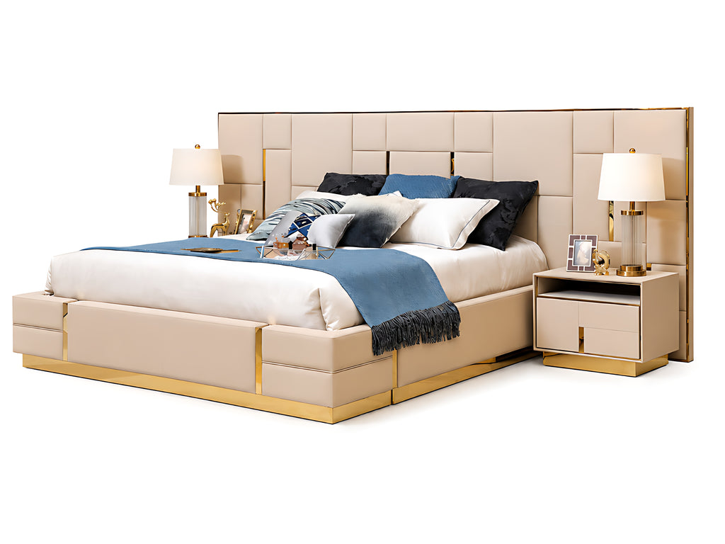 Contemporary Designed Glossy Finish Leather Bed / Lixra