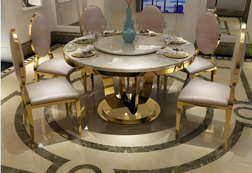 Polished Round Marble Dining Table Set / Lixra