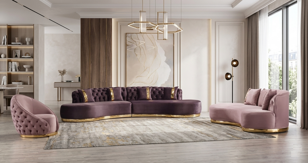 Fabric Button-Tufted Curved Sofa Set / Lixra