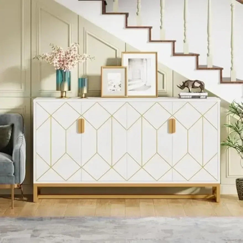 Functional Beauty Wood Buffet Cabinet With Gold-line Handles / lixra