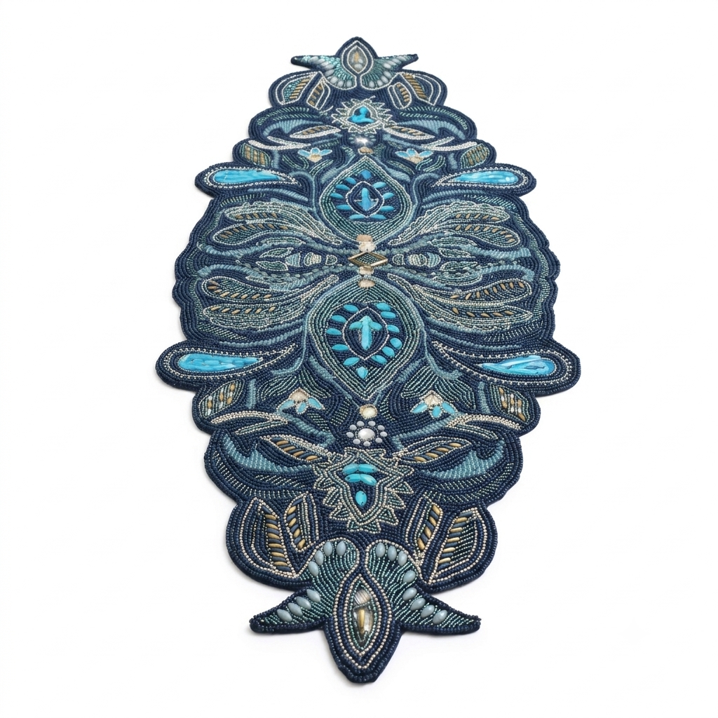 Beaded Navy Blue Table Runner with Intricate Paisley Floral Design / Lixra