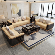 Wooden Polished Tufted Leather Sofa-Set / Lixra