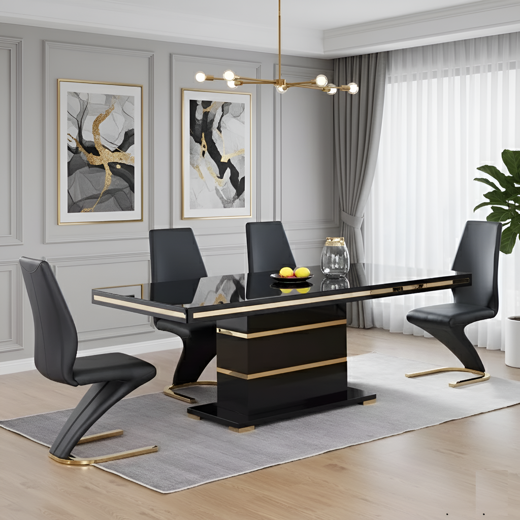 Contemporary Black Marble Dining Table Set / Lixra