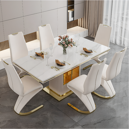 White Glossy Marble-Top Dining Table Set / Lixra