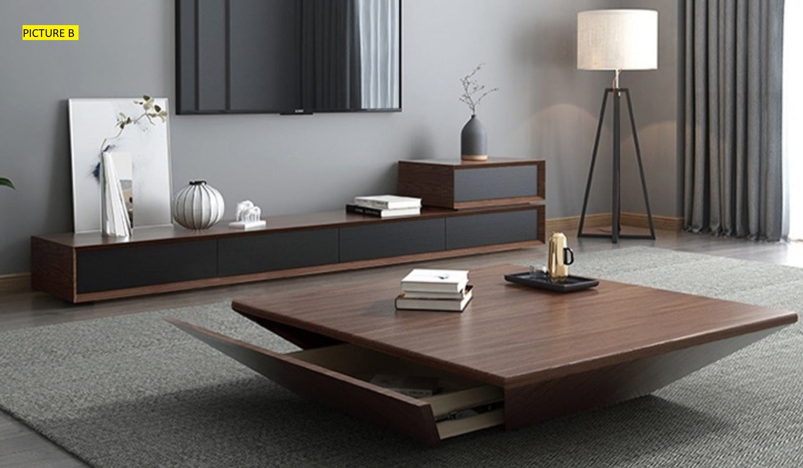 thumbnail image 2 of Home Source Graphite Oak Sideboard – 36cm Top, 2 Drawers, 2 Doors, Solid Bookcase Style, MDF/Chipboard 2 of 4
