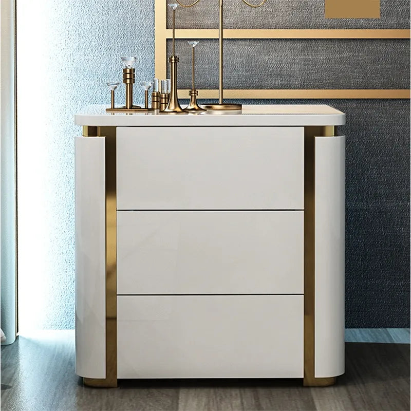 Set Of 2 White And Gold Triple Drawer Nightstand