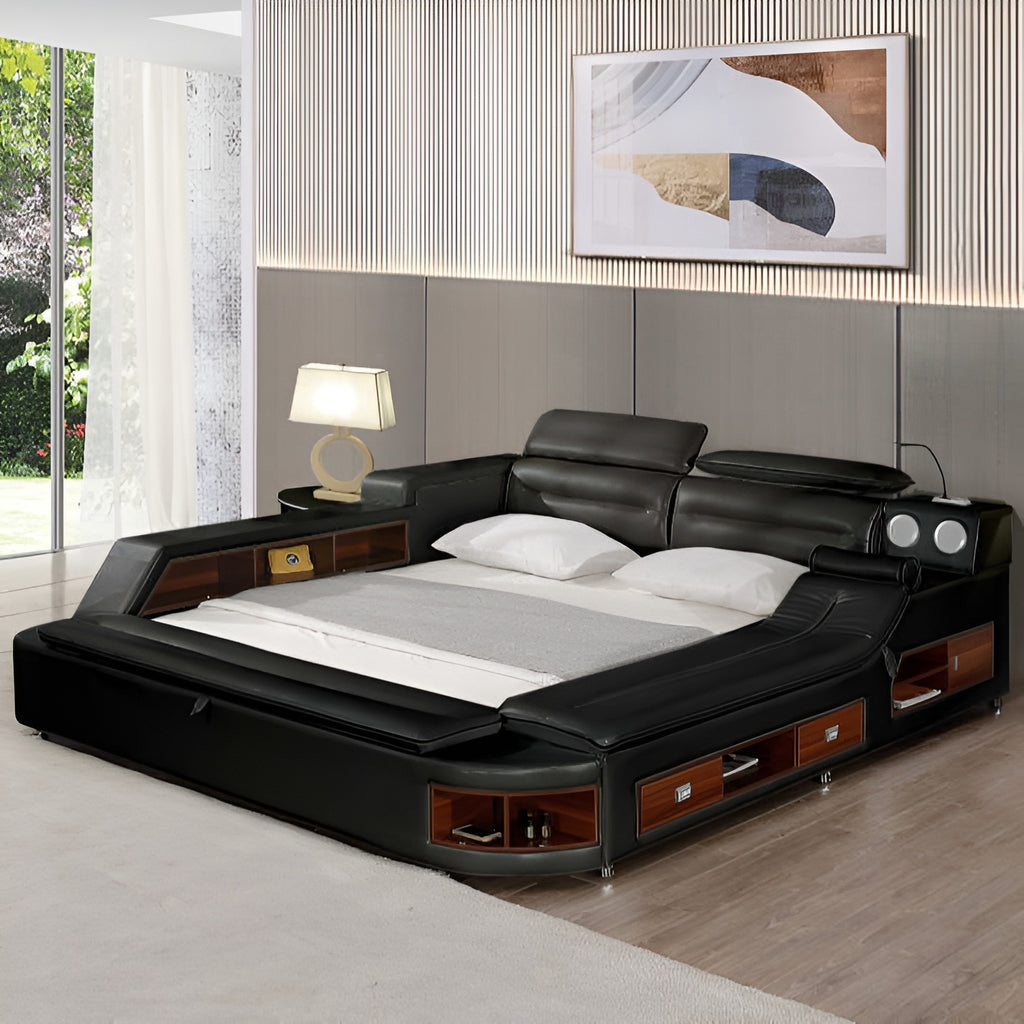 Queen Size Leather Smart Bed in Black / Lixra