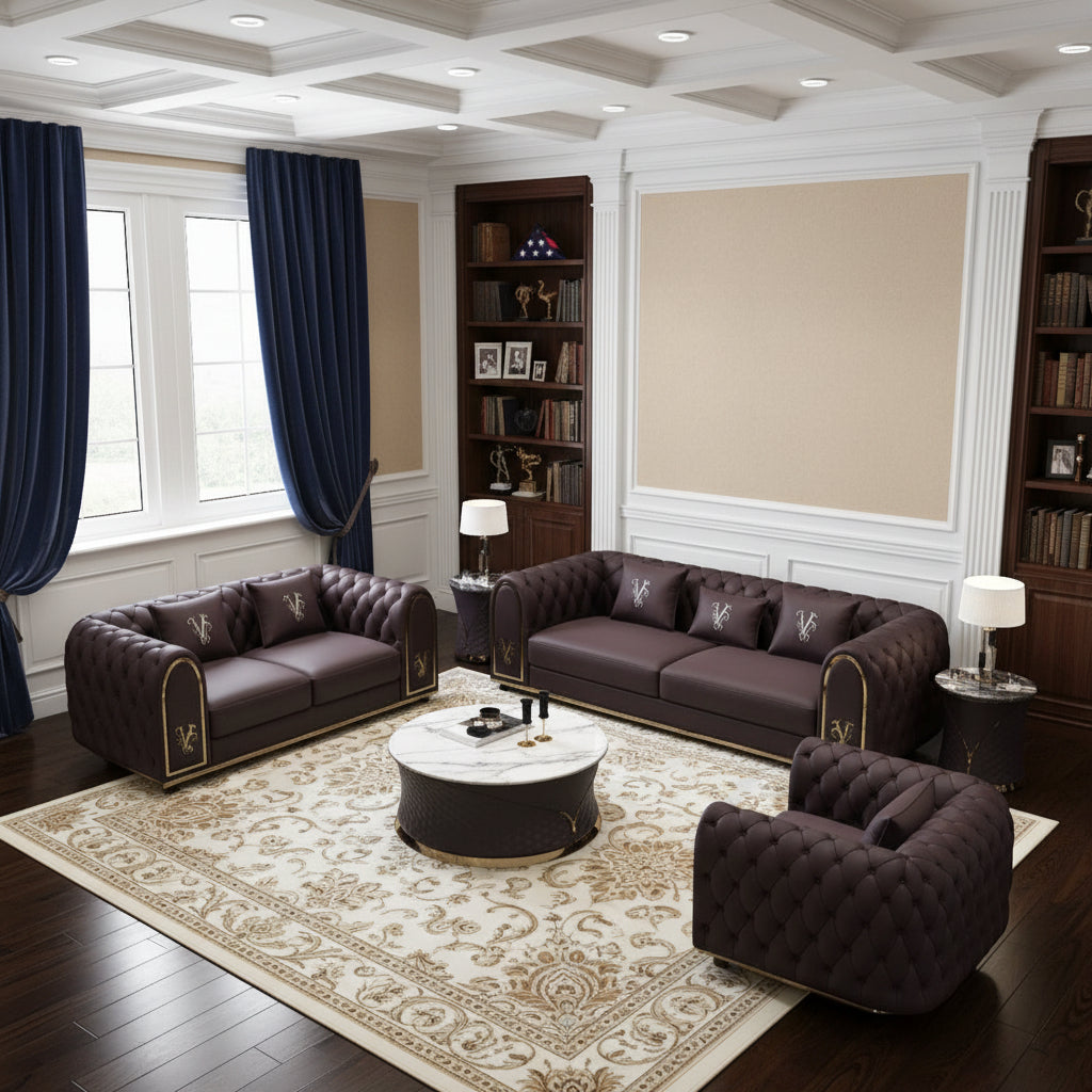 Luxurious Button Tufted Leather Sofa Set / Lixra