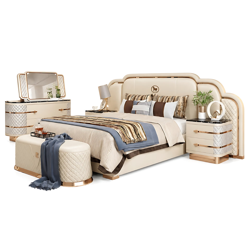 Luxurious Modern Leather Bed With Gold Accents / Lixra