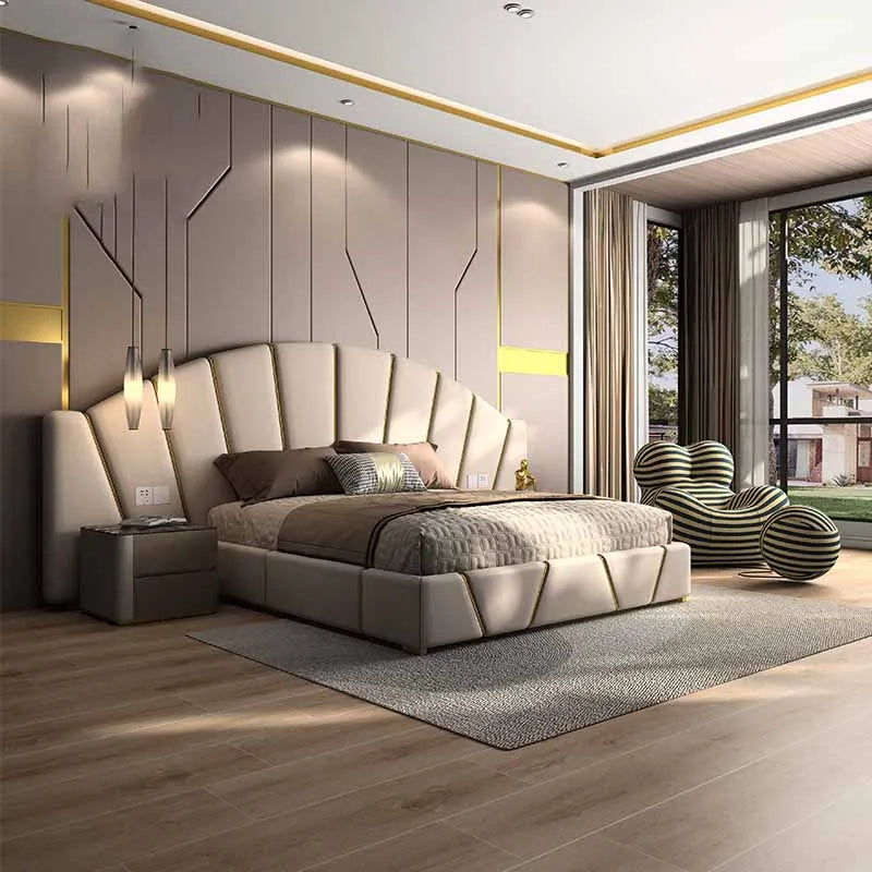 Magnificent Leather Bed With Golden Accents / Lixra