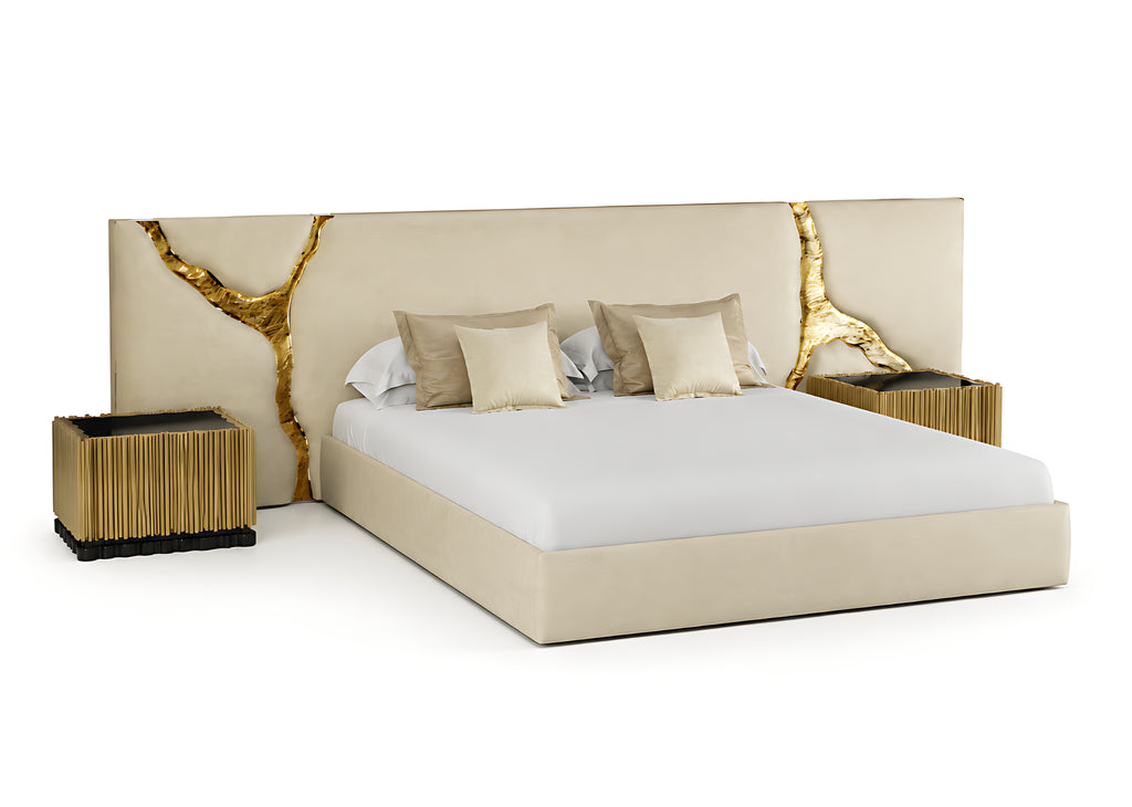 Modern Designer Fabric Bed with Gold Accents / Lixra