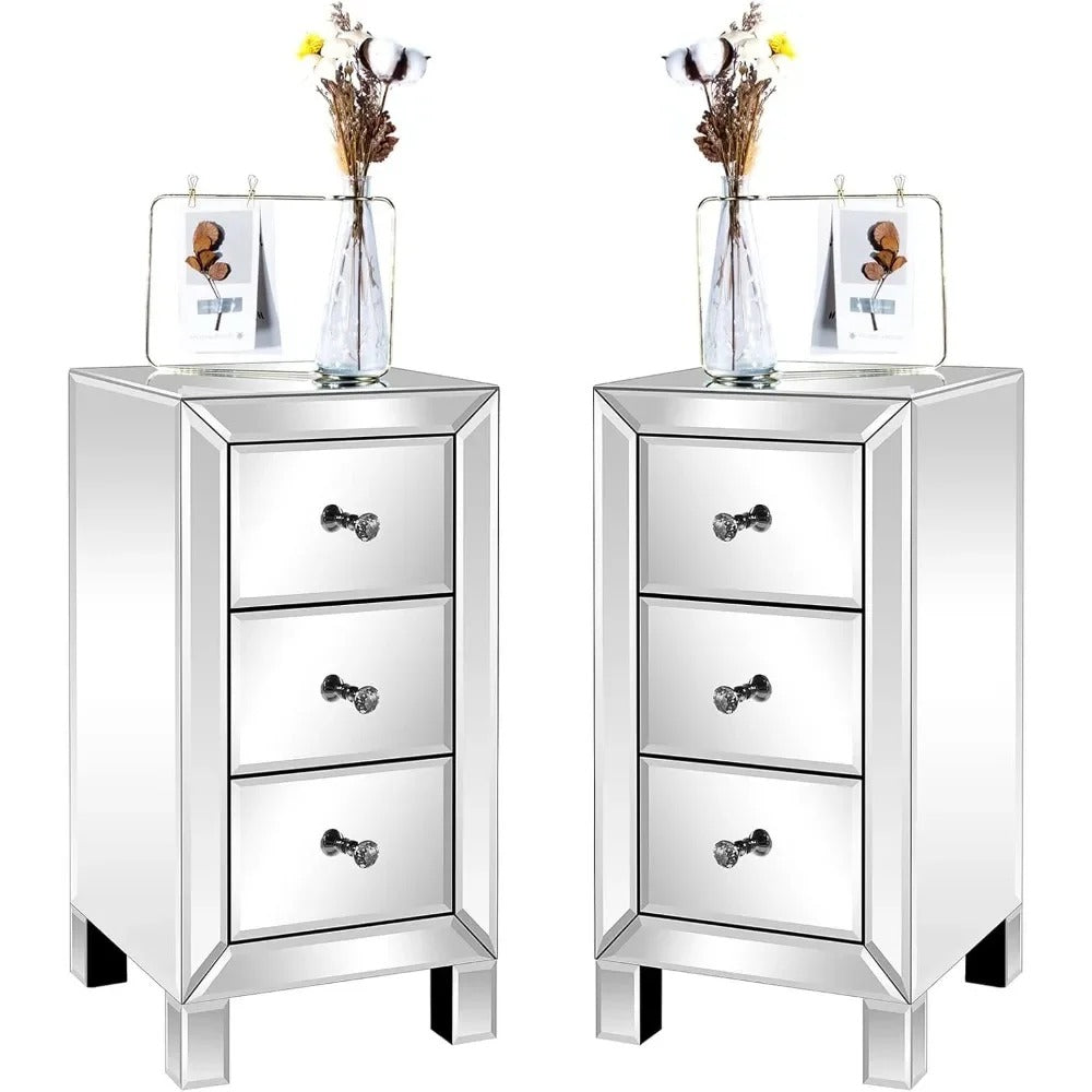 Modern Elementary Silver Mirrored Glass Nightstands / Lixra