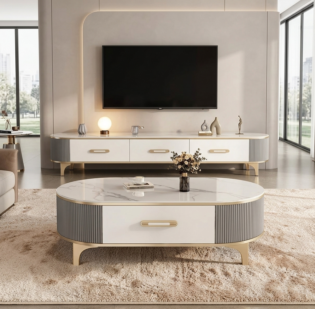 Modern Marble Top Coffee table and TV Stand Set / Lixra