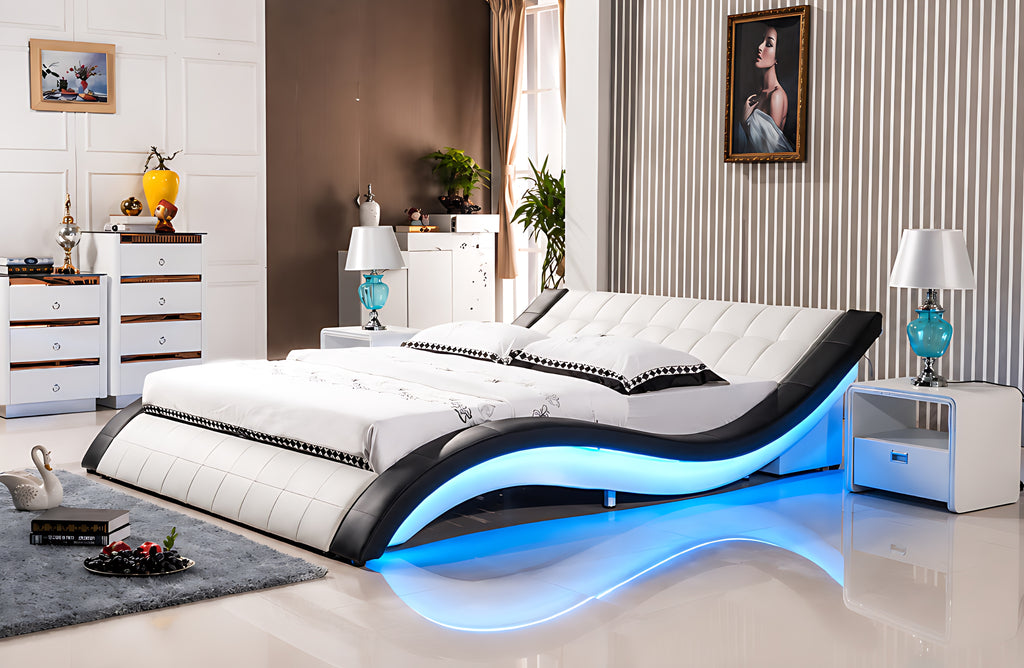 Modern Wave Design LED Leather Bed / Lixra