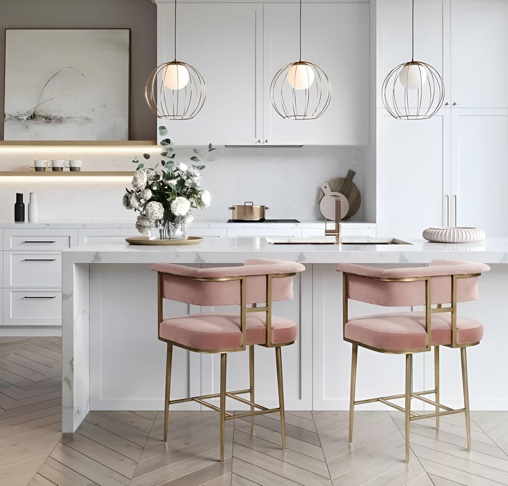 Set Of 3 Metal Velvet High Raised Bar Stools / Lixra