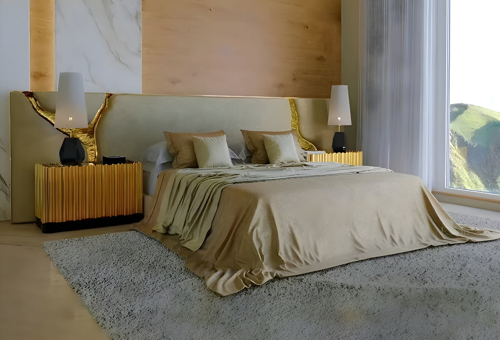 Modern Designer Fabric Bed with Gold Accents / Lixra