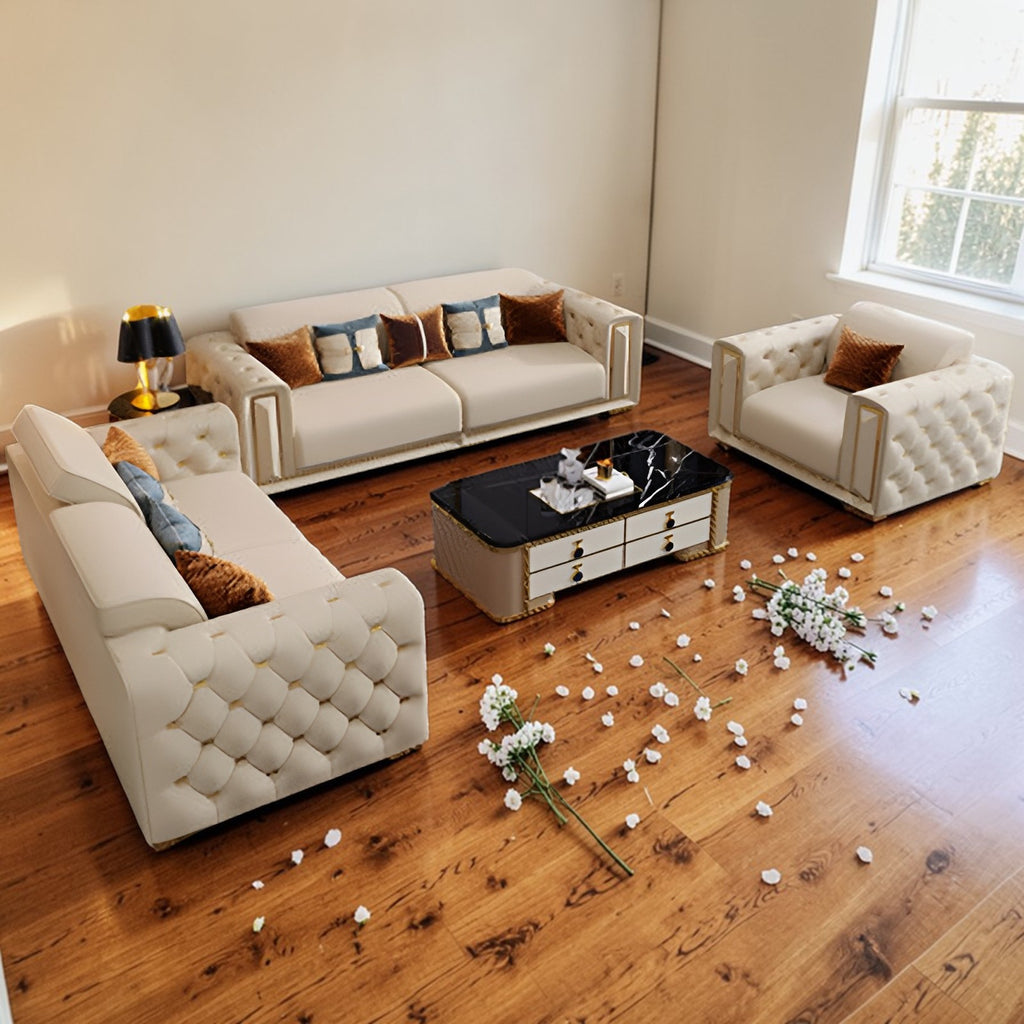 Elegant Tufted Leather Sofa Set