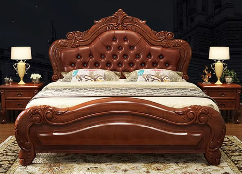 European Carved Wooden Leather Bed / Lixra